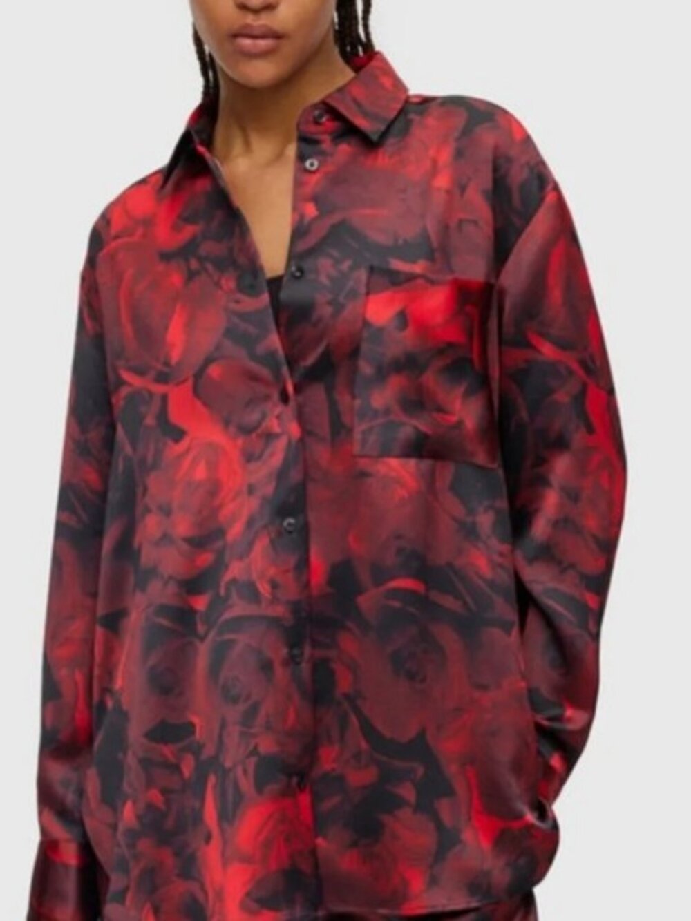 Hugo Celodina floral oversized button up blouse red, black women's size 8